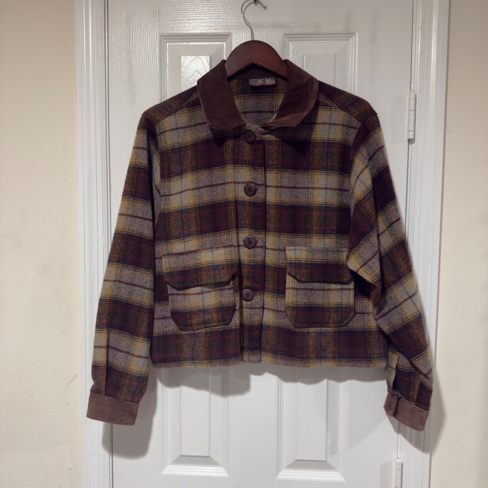 New York Style Plaid Jacket Womens M Brown Suede Collar Button‎ Front Cropped - Picture 2 of 7
